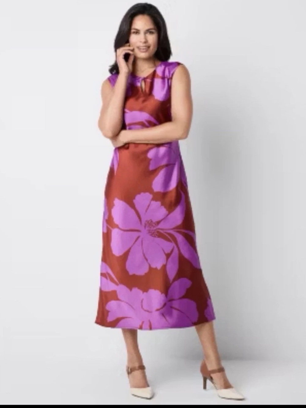 Liz Claiborne Floral Satin Maxi Dress Brown Purple Keyhole Petite Small